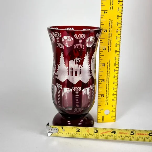 Vtg Egermann Vase Bohemian Ruby Red Cut To Clear Etched Glass Castle Bird Czech